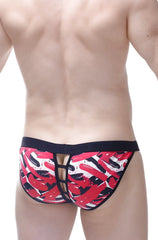 Red and black abstract brushstroke patterned men’s briefs bikini open chick with black elastic waistband