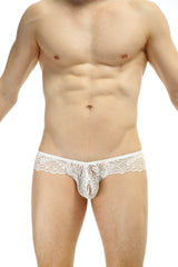 White lace thong with delicate floral pattern and scalloped edge from petitq bikini menglon lace white collection