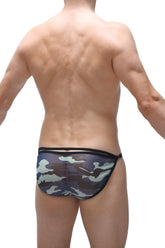 Bikini orbar net camo briefs in camouflage pattern with black trim designed for comfort and style
