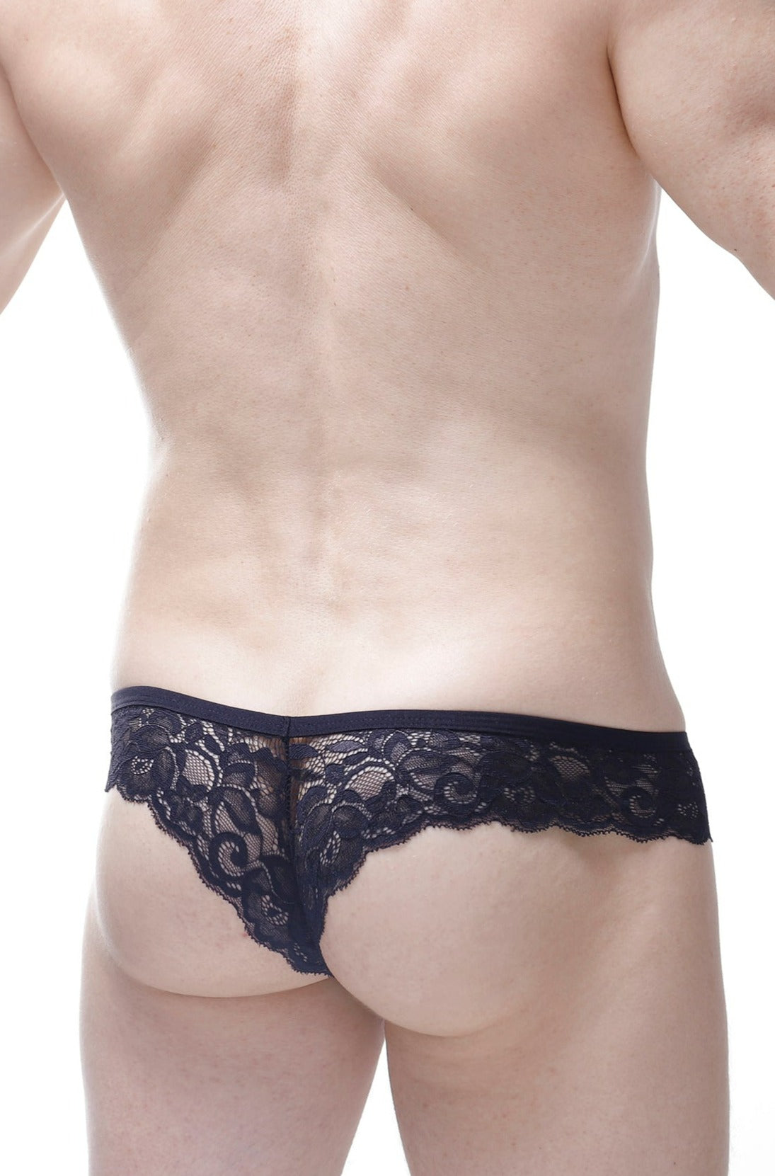 PetitQ bikini oupar satin black black lace thong with intricate floral patterns and smooth elastic waistband