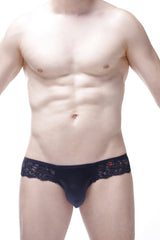 Black lace-trimmed men’s briefs with satin finish and subtle red petitq logo on waistband in black color
