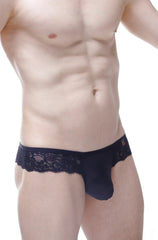 Black lace-trimmed men’s thong with smooth form-fitting satin design in petitq bikini oupar black style
