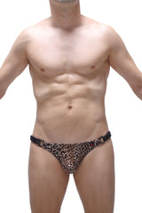 Leopard-print thong bikini with black chain detailing and red logo on waistband from PetitQ Bikini Chains Panthere collection
