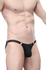 Petitq bikini bayel black men’s thong featuring metallic silver rings at sides and small red logo on front