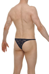 Black lace thong with intricate floral pattern in navy from Bikini Plellis Lace collection showing front view