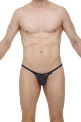 Black lace thong bikini plellis lace navy with subtle pattern and small red logo on the side front view