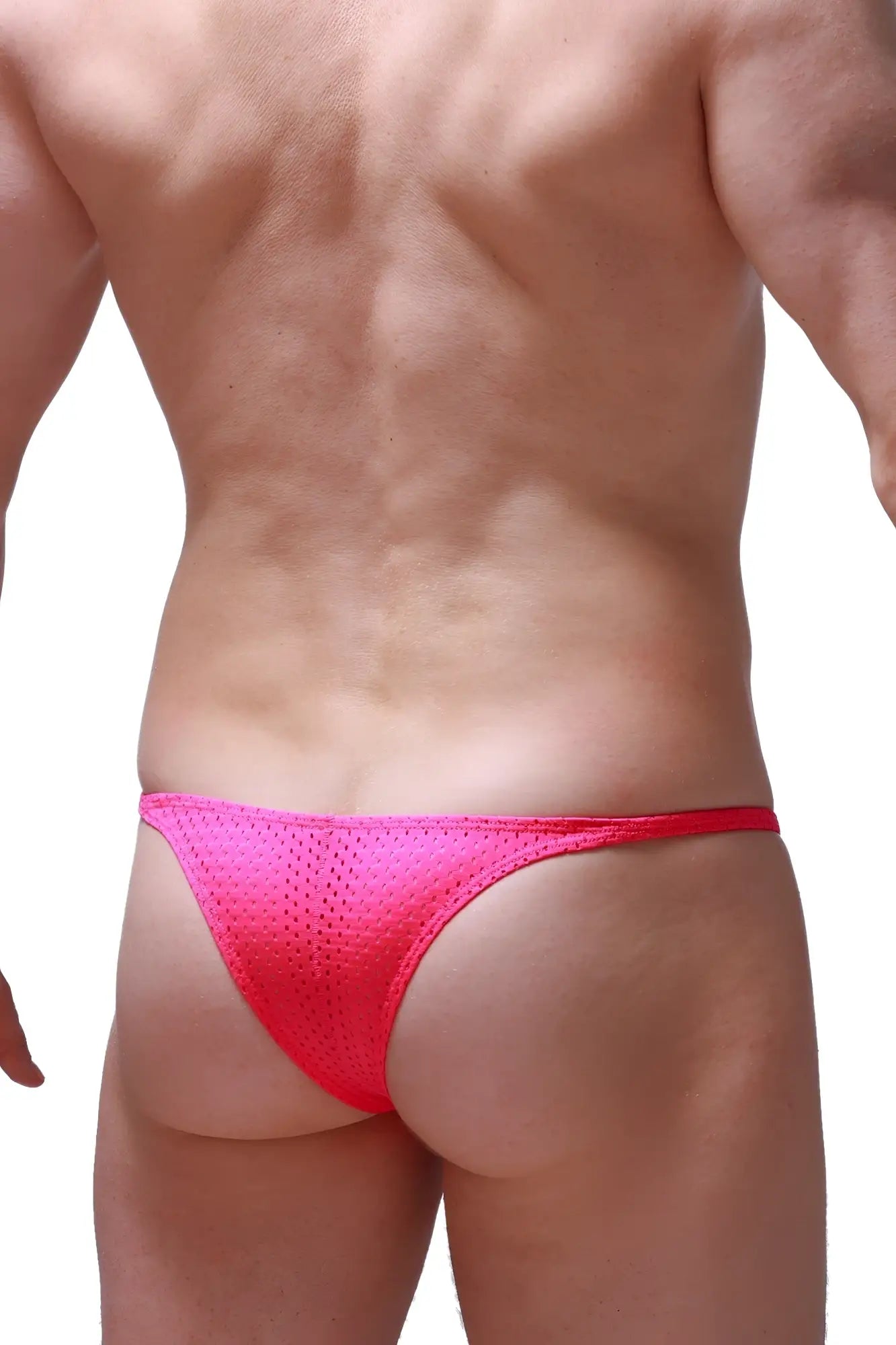 Bright pink mesh thong bikini plellis bee pink with snug form fitting design shown from the back side