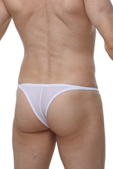 White mesh thong bikini plellis bee white with thin seamless waistband shown from the back