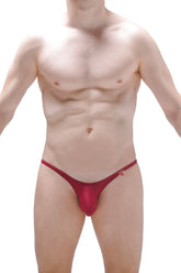 Red form-fitting thong bikini plellis burgundy with small logo on the sideband visible from the back side