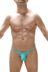Turquoise men’s thong bikini plellis green with smooth stretchy fabric and minimalistic form-fitting design shown from the back
