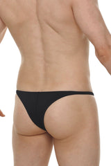 Black thong bikini plellis joe made of smooth stretchy fabric with a narrow waistband shown from the back side