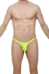Bright neon yellow bikini plellis joe thong with small orange logo on the side front view