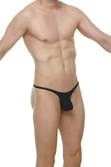 Black bikini plellis thong with small red logo on the side showing the back view