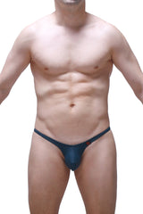Navy blue thong bikini plellis prussian blue with a small red logo on the left hipband shown from the back side