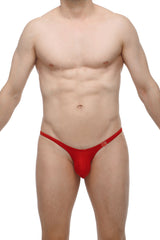 Red thong bikini with small square logo on sideband from petitq bikini plellis red collection