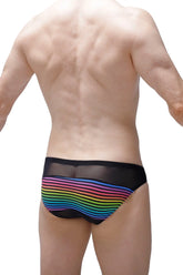 Black mesh bikini prix monti briefs with vibrant wavy rainbow stripes across the front for stylish comfort
