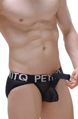 Black mesh bikini protruder durtol briefs with wide elastic waistband and white petitq lettering