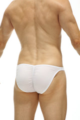 PetitQ bikini Cornil Bulan white swim trunks back side showing white form-fitting fabric with ruched design