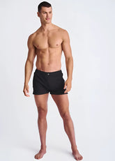Black seersucker swim shorts with mesh lining featuring a sleek design and small button at the waistband
