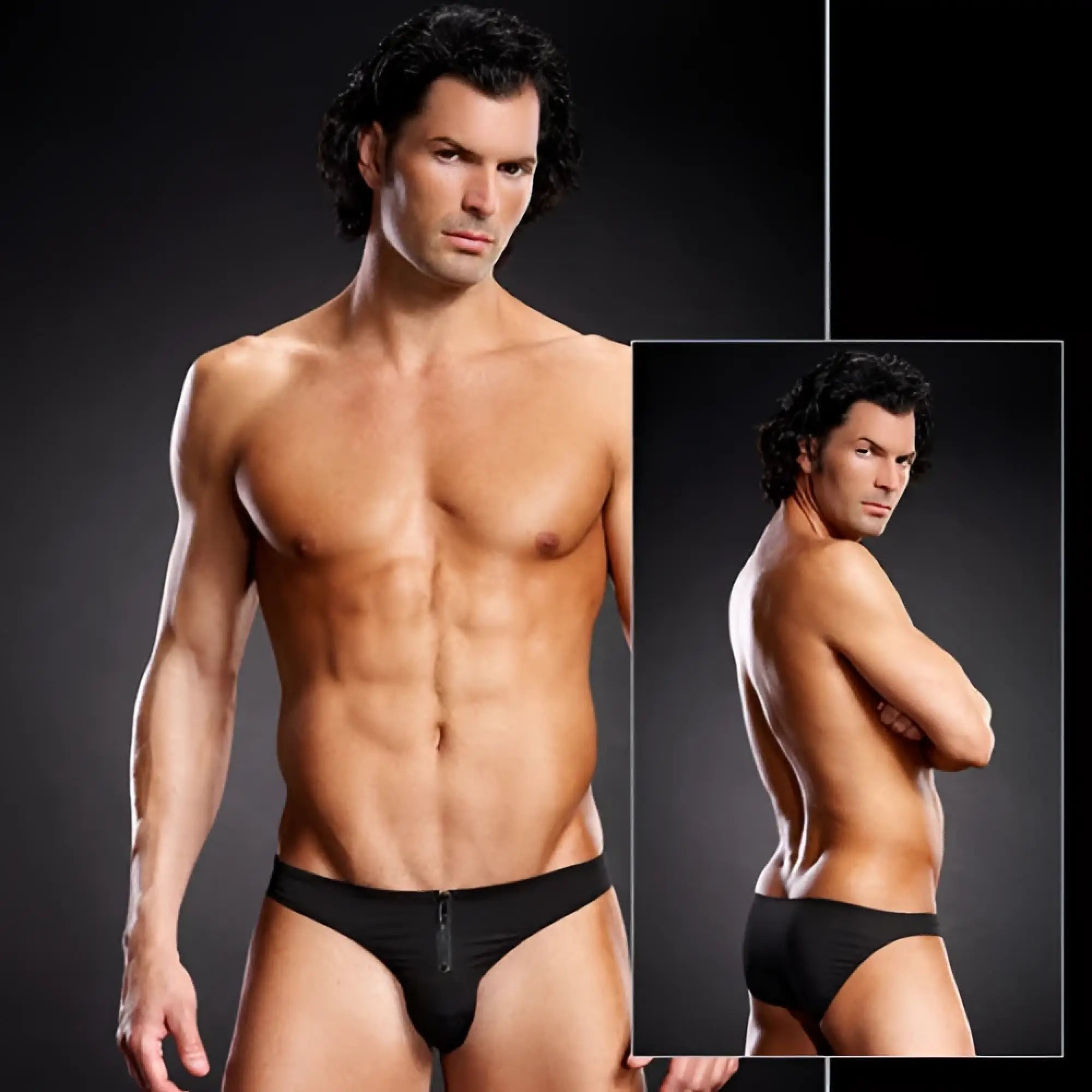 Black blue line performance microfiber bikini underwear with front zipper in size large extra large