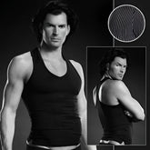 Black fitted v-neck tank top with microfiber pinstripe design by Blue Line Performance in size L XL