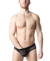 Black sheer mesh blur bikini brief with solid black waistband showing front side design