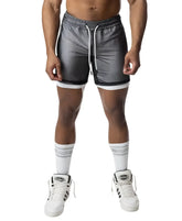 Gray blur rugby short athletic shorts with shiny reflective finish and white drawstrings designed for performance