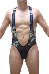 Black and gray camouflage men’s suspendersuit body ambel camo net with sheer mesh panel at front