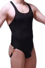 PetitQ bodysuit jockstrap aspit plum black one-piece swimsuit with sheer mesh neckline and gold-tone side hardware
