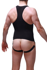 Black petitq bodysuit jockstrap with racerback brief design and gold metal hardware accents at sides
