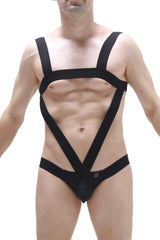Black strappy harness-style PetitQ Bodyjockstrap Oulins bodysuit with bold geometric design for edgy fashion looks