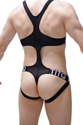 Black mesh bodysuit with cutout design and titq branding on waistband from body jockstring oze durtol black collection