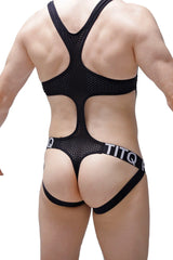 Black mesh bodysuit with cutout design and titq branding on waistband from body jockstring oze durtol black collection