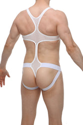 Back view of petitq body jockthong oze durtol white white mesh athletic brief with cutout back and wide elastic waistband