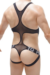 Black sheer mesh body jockstring with bold black straps and branded waistband in black color