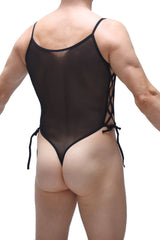 Black mesh one-piece swimsuit body lacets net black with thin straps and side ties for stylish swimwear look