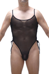 Black sheer mesh one-piece swimsuit body lacets net black with thin straps and side ties visible from the front