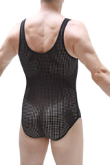 PetitQ Bodybrief Durtol black tight-fitting mesh one-piece swimsuit with thin shoulder straps front view