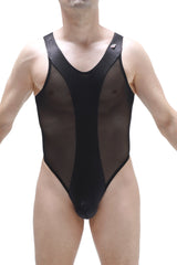 Petitq body nescher satin black one-piece swimsuit with black mesh, solid side panels, and v-neckline