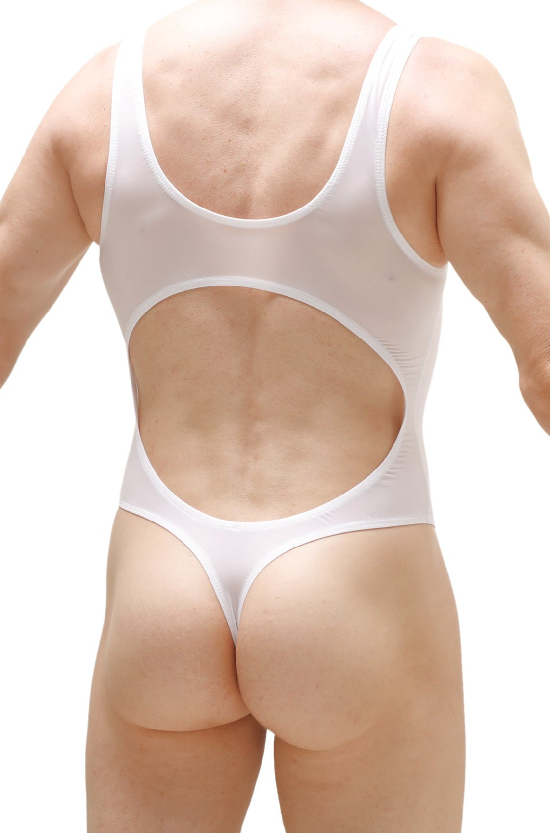 White one-piece swimsuit petitq bodythong nexon plum with cutout back and thong bottom shown from the back side