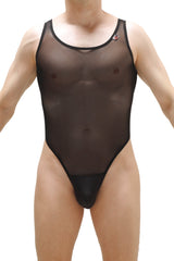 Black sheer mesh one-piece swimsuit with black trim petitq bodythong pencran black front view