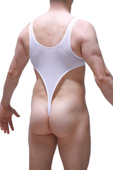 White mesh one-piece swimsuit petitq bodythong carbay bee with plunging back and high-cut leg openings back view