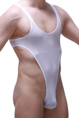 Petitq bodythong carbay bee white mesh men’s one-piece swimsuit with thin shoulder straps and high-cut leg design