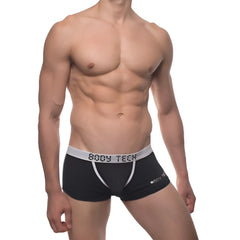 Black men’s boxer briefs with white elastic waistband and trim featuring body tech branding from the body tech maximizer set