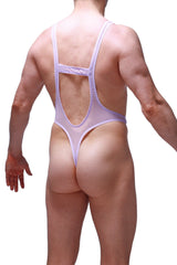 Sheer lavender petiteq bodythong aunou net lilac one-piece swimsuit with cutout back and thin straps shown from back