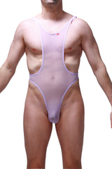 A translucent lavender one-piece swimsuit with thin straps and a cutout design by PetitQ Bodythong Aunou Net Lilac