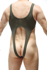 Olive green mesh one-piece swimsuit with back cutout design from petitq bodysuit caussol bee green collection