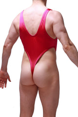 Vibrant red bodysuit thong lepuil joe framboise with form-fitting design deep v-back and high-cut leg openings back view