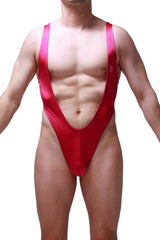 A vibrant red shiny bodysuit thong lepuil joe framboise with deep v-neckline and thin shoulder straps