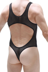 Black mesh one-piece swimsuit petitq bodythong nexon durtol with cutout back and thong bottom shown from the back